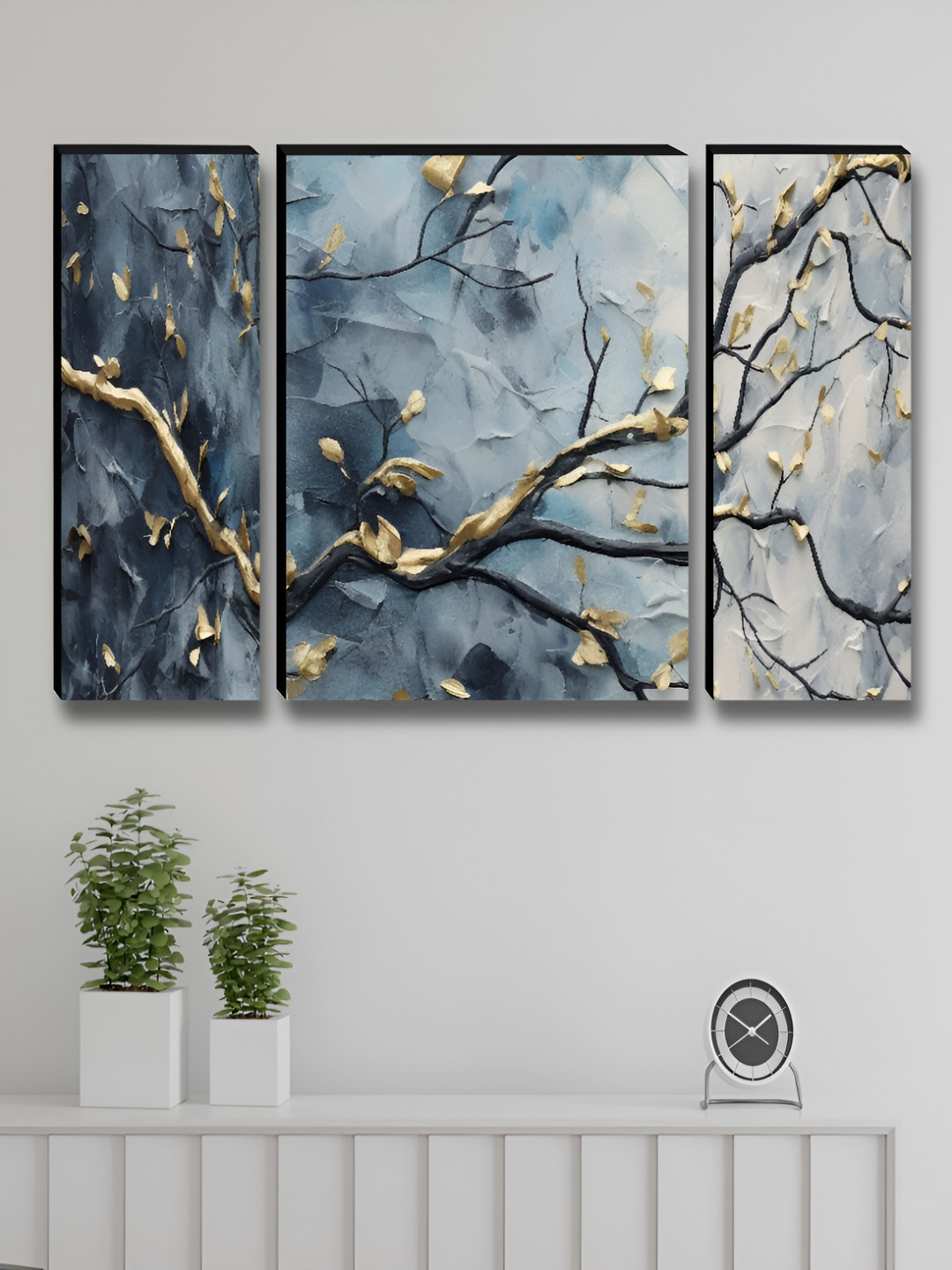 Myntra Elegant Homes Blue & Black 3 Pcs Abstract Synthetic Wood Wall Art