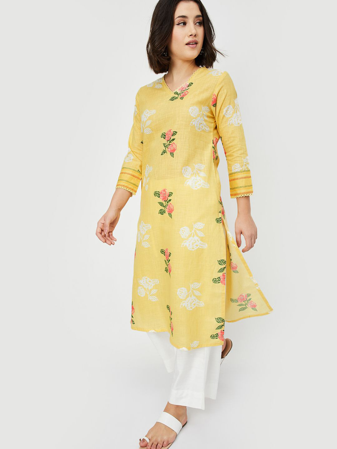 max Floral Printed V-Neck Cotton Straight Kurta