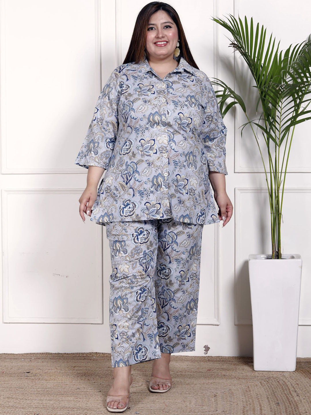 KALINI Indie Florals Printed Shirt Collar Pure Cotton Shirt With Trouser