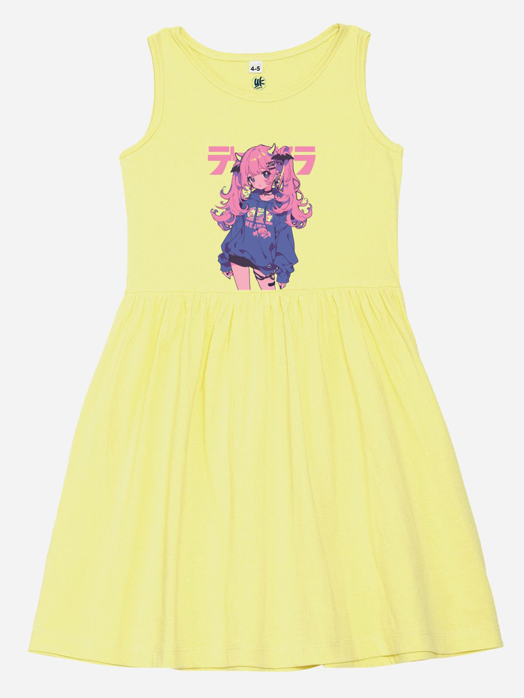 YK Girl Cartoon Character Print Cotton Fit & Flare Dress