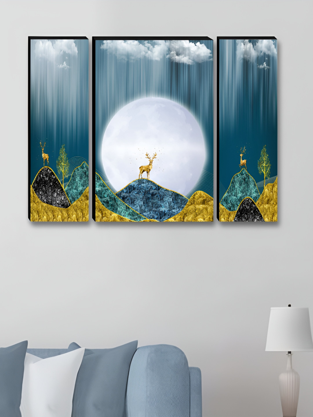 Myntra Elegant Homes Moon & Deer Wood 3-Pcs Rectangle Paintings Wall Art-18 x 24In