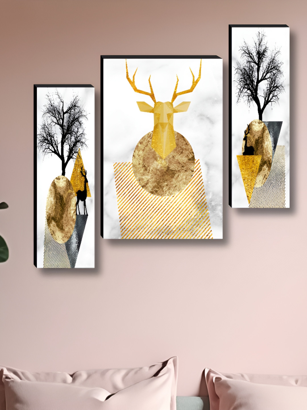 Myntra Elegant Homes White 3 Pcs Deer & Trees Floral & Botanical Synthetic Wood Wall Art