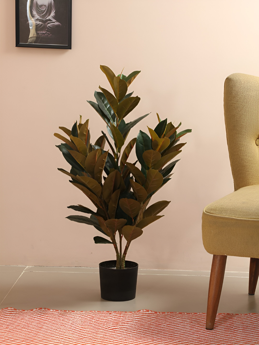 Home Bloom Green & Black Artificial Red Rubber Plant With Pot