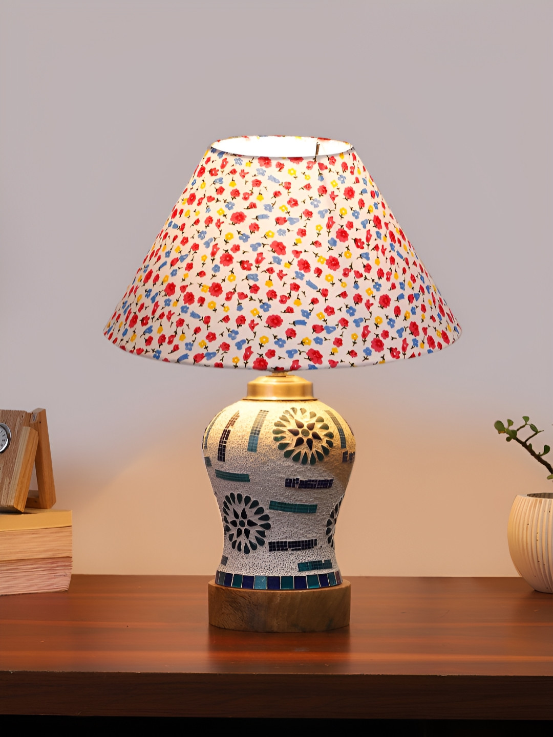 Devansh White Printed Abstract Shaped Wooden Table Lamp With Mosaic Glass Base