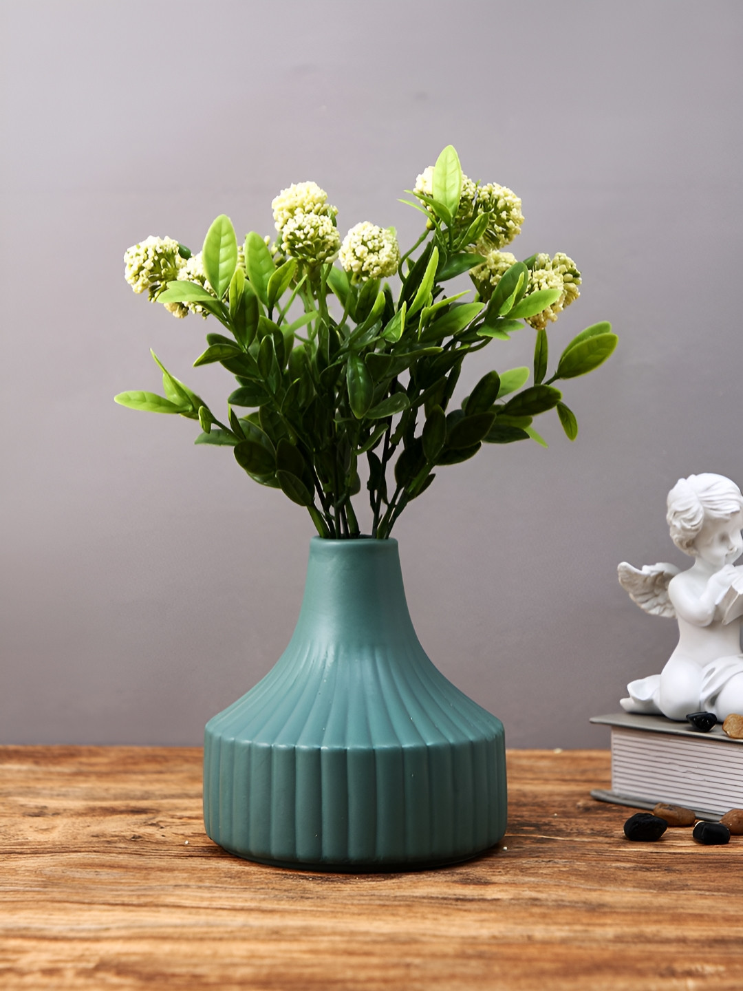 Myntra Elegant Homes Green Ribbed Ceramic Vase