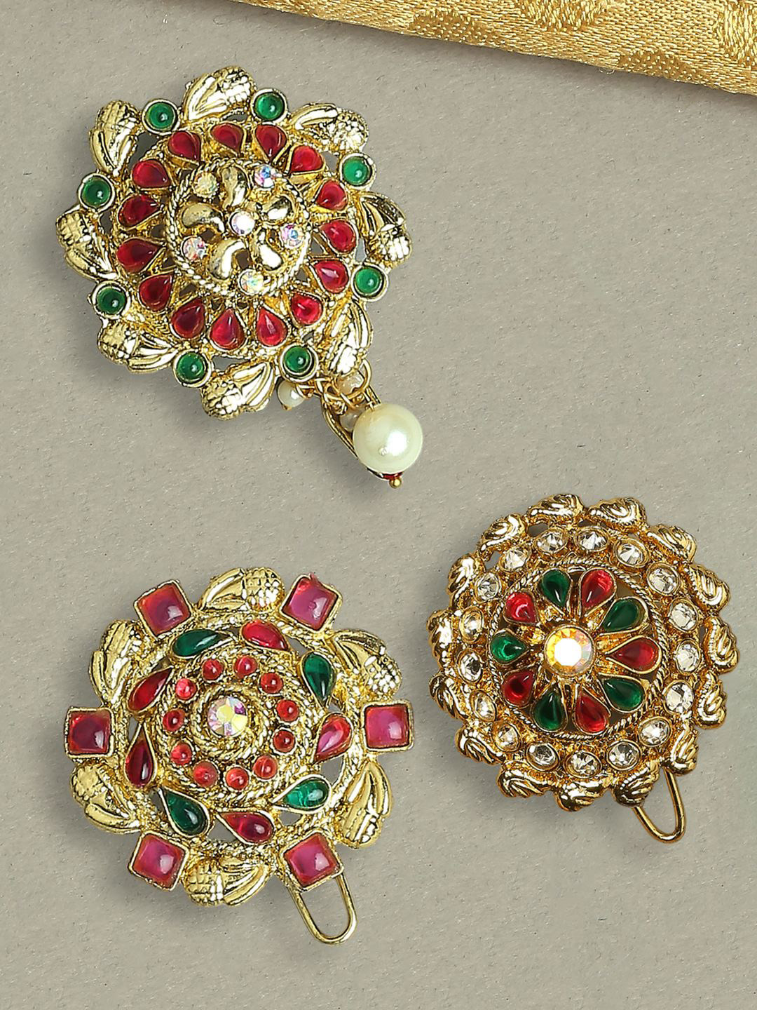 Anouk Set of 3 Artificial Stones Studded And Beaded Floral Design Bun Pin