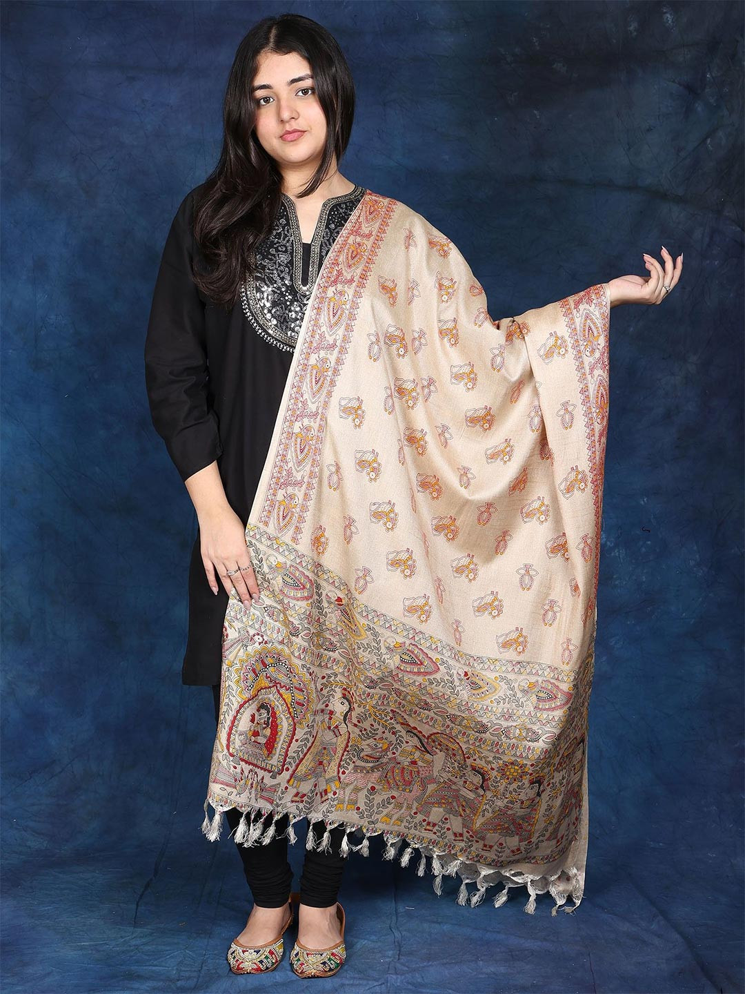 Exotic India Madhubani Art With Printed Wedding Palanquin and Peacocks Dupatta