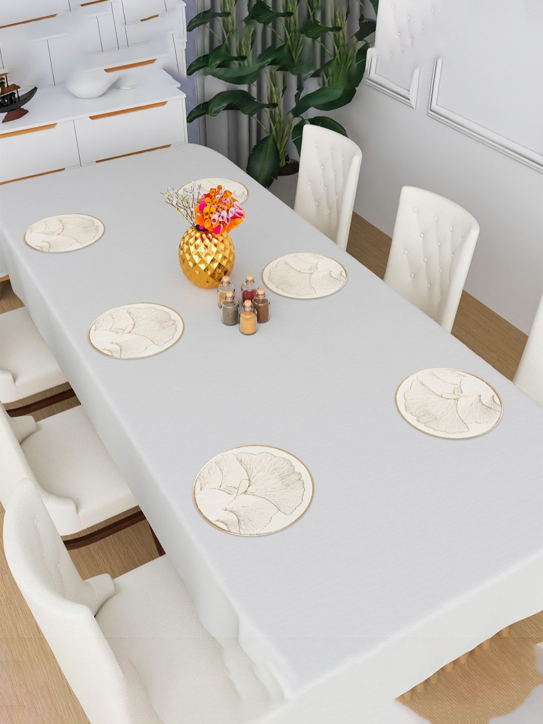 Myntra Elegant Homes Cream-Colored 6 Pieces Leafs Textured Leather Table Placemats