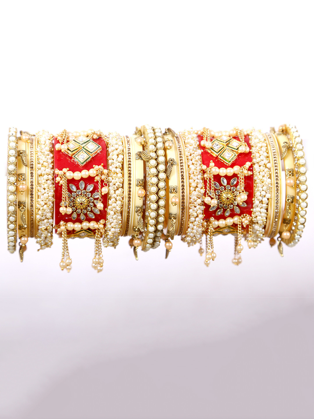 Zindura Set Of 2 Gold-Plated Stone Studded & Pearls Beaded Chuda Bangles