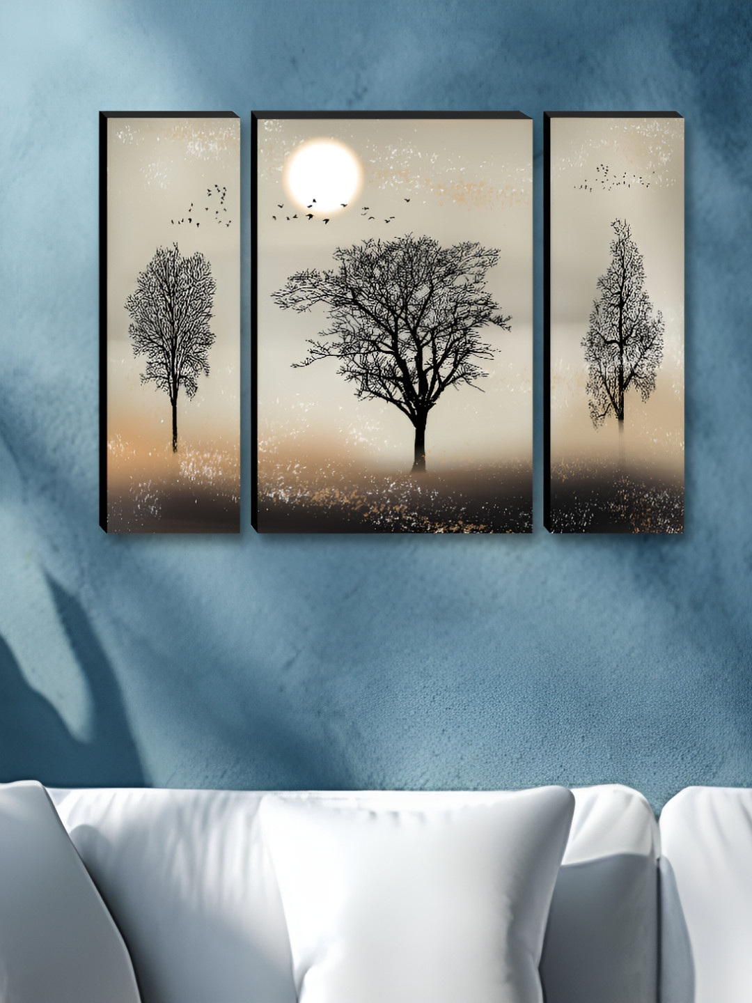 Myntra Elegant Homes Beige & Black 3 Pieces Sun & Tree Printed Wall Paintings
