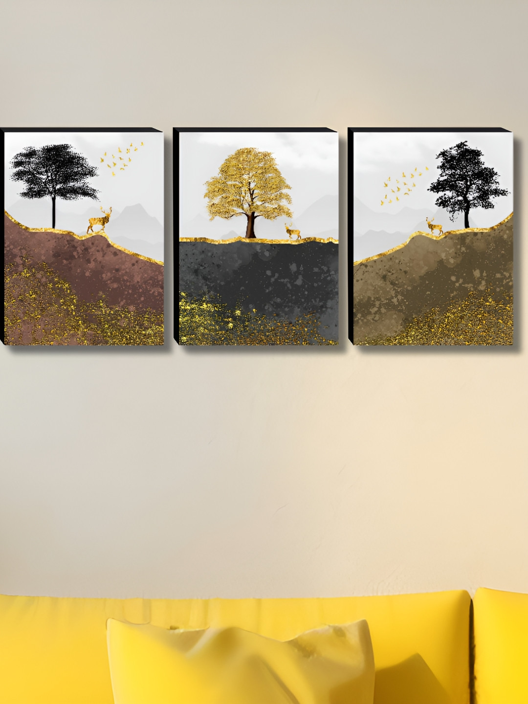 Myntra Elegant Homes Grey & Gold-Toned 3 Pieces Tree Floral & Botanical Wall Art