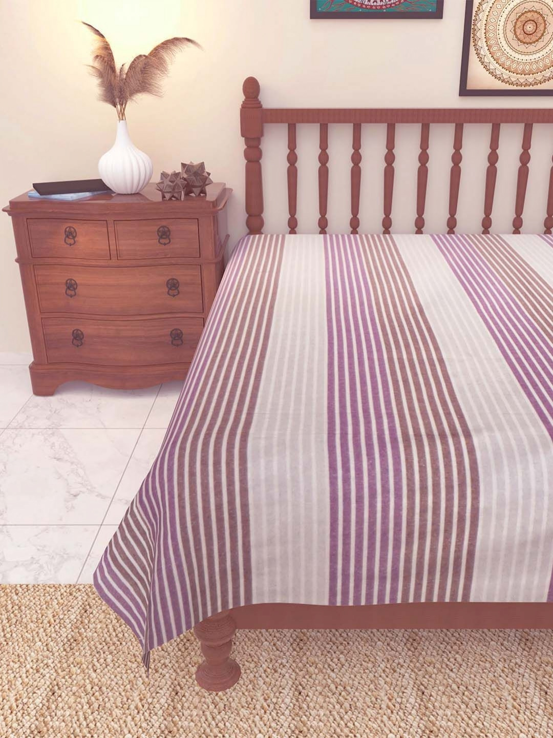 Myntra Elegant Homes Purple & Brown Striped 180 TC Cotton Single Bedsheet 1.5 m x 2.4 m