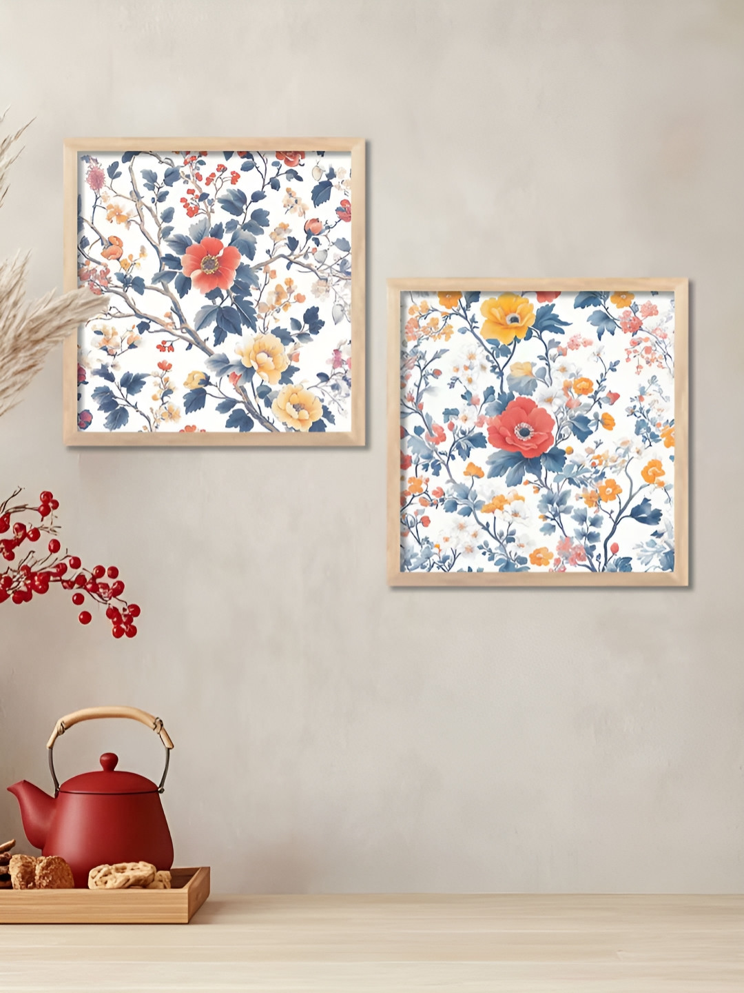 Kotart Brown & White 2 Pieces Floral And Botanical Printed Wooden Madhubani Wall Art