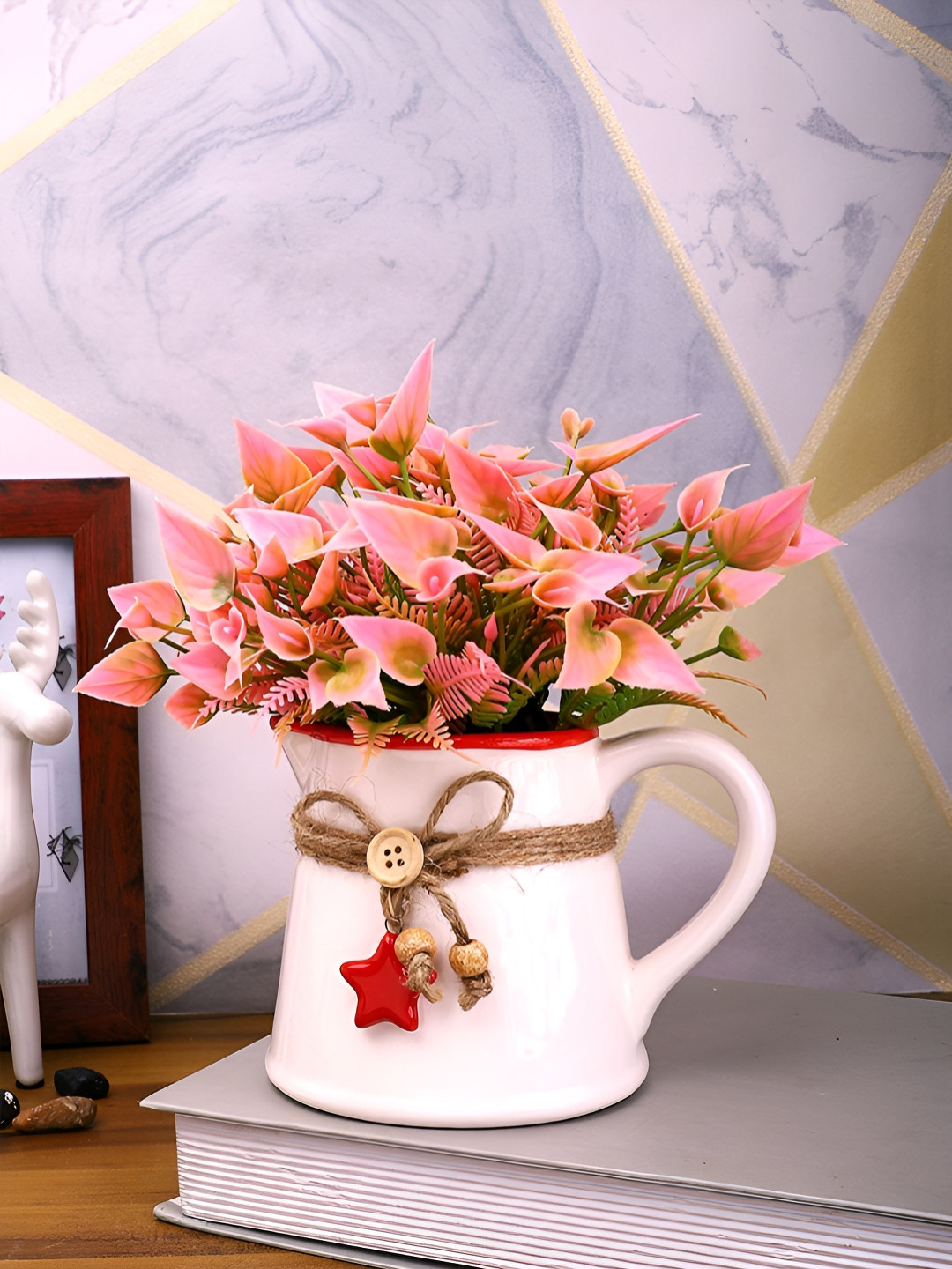 Myntra Elegant Homes White & Red Rustic Charm Ceramic Pitcher Vase