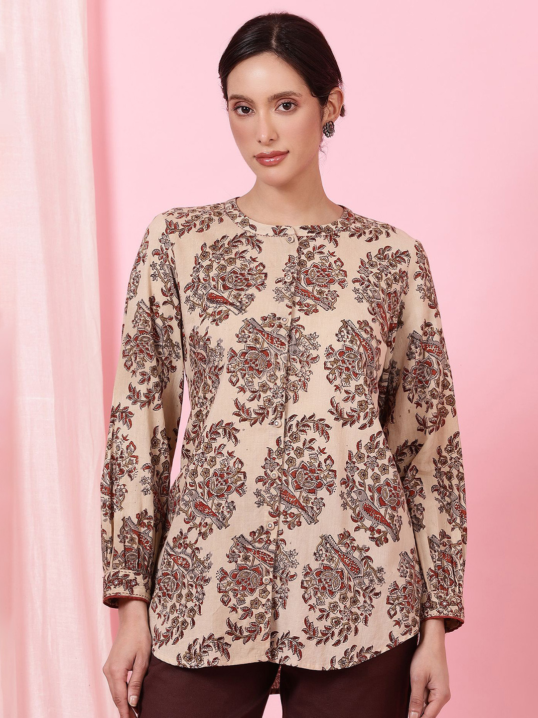 Folk Song Women Floral Printed Cotton Shirt Style Top