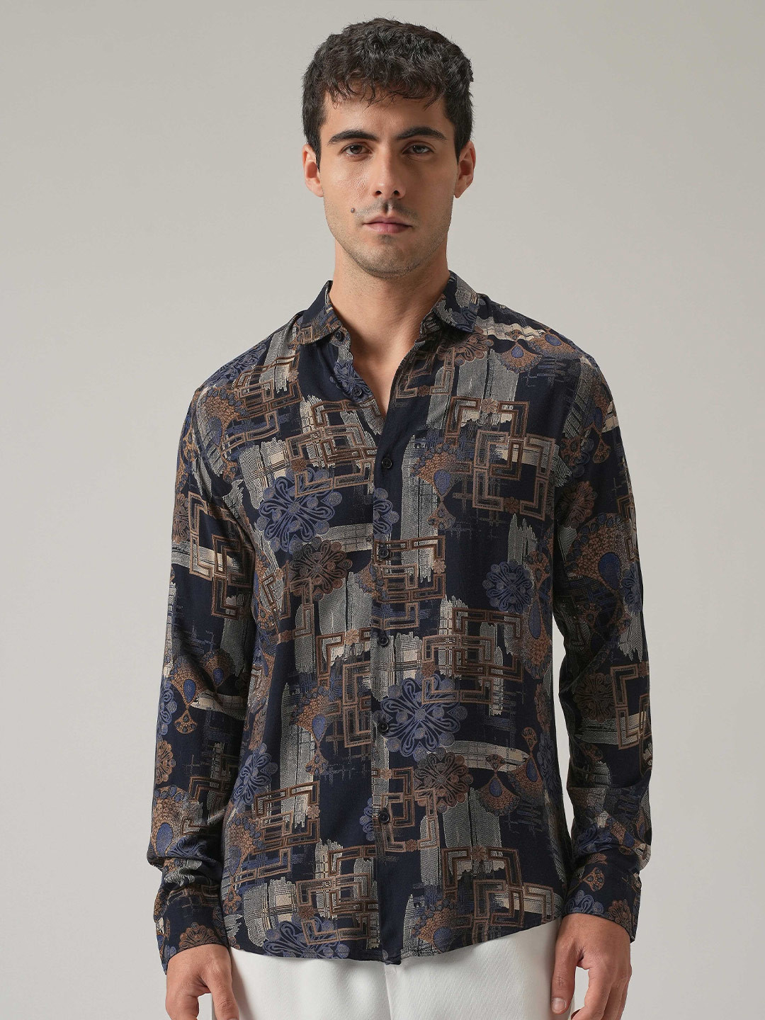 Banana Club Men Blue Flora Grid Print Feather Shirt