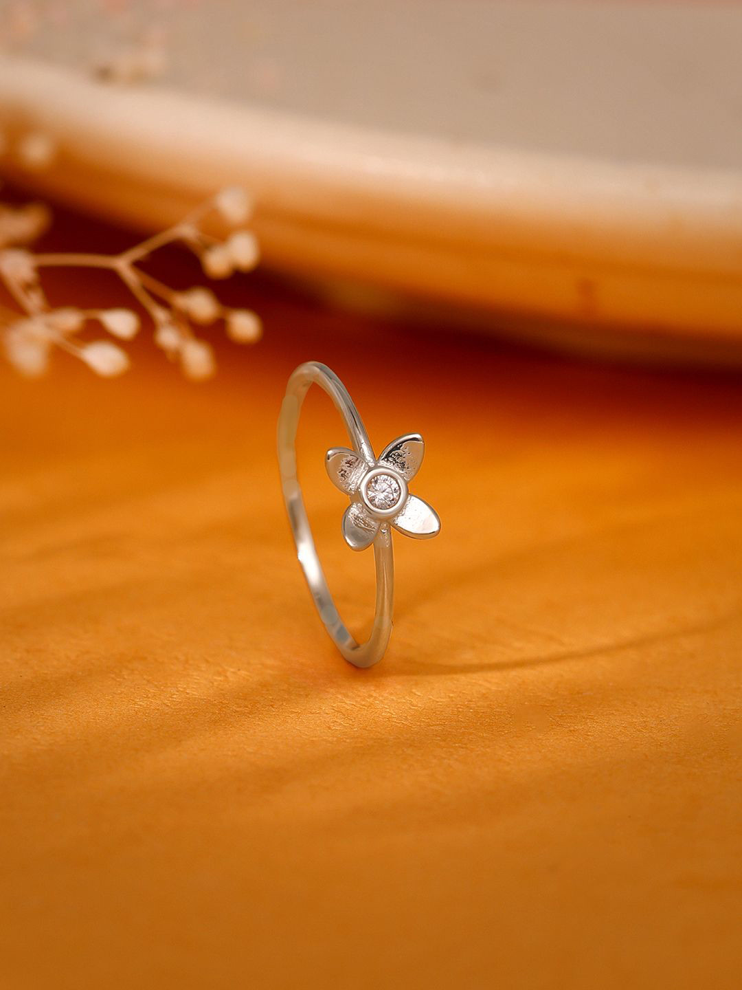 GIVA 925 Sterling Silver Rhodium Plated Cubic Zircon Studded Beautiful Orchid Ring