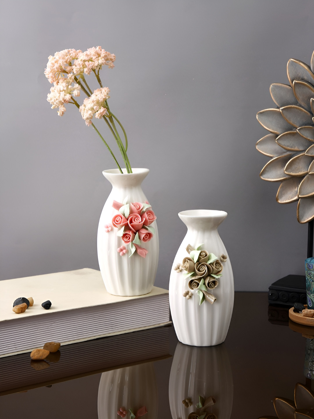 Myntra Elegant Homes White & Beige 2 Pieces Floral Textured Timeless Blossom Ceramic Vases