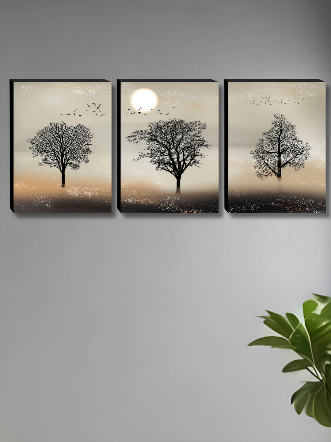 Myntra Elegant Homes Beige & Black 3 Pieces Tree & Sun Wall Art