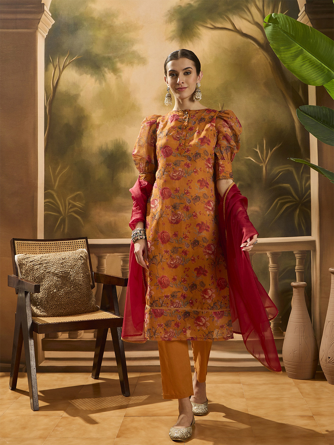 Sangria Tangirine Floral Printed Boat Neck Chanderi Kurta With Trousers & Dupatta