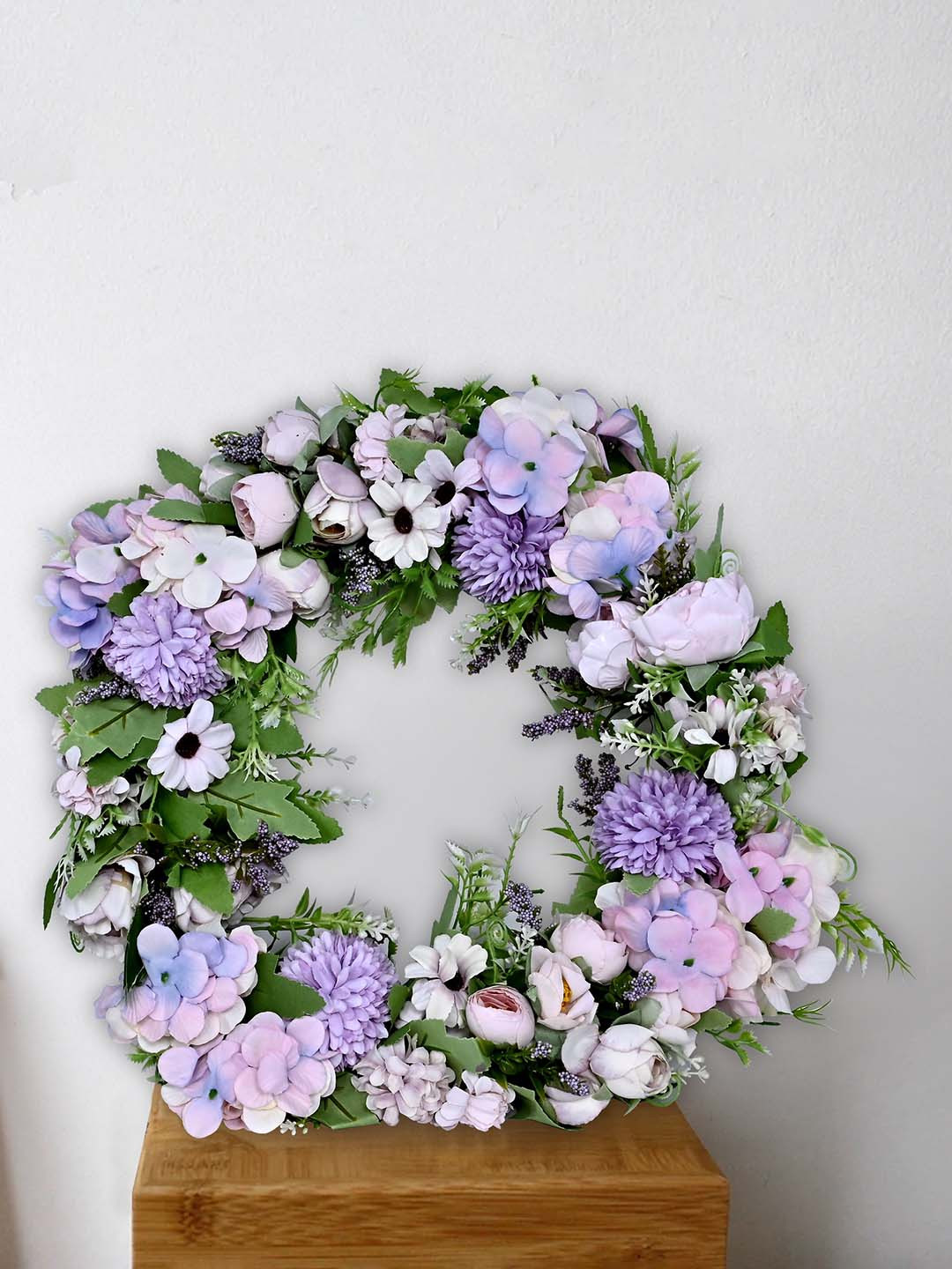 Aura Green & Purple Rose Artificial Flower With Wooden Tub