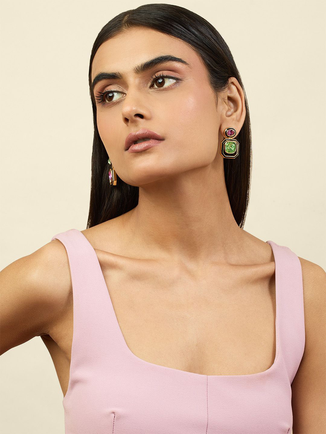 Isharya Amethyst Kelp 18Kt Gold Plated Crystals Studded Geometric Drop Earrings