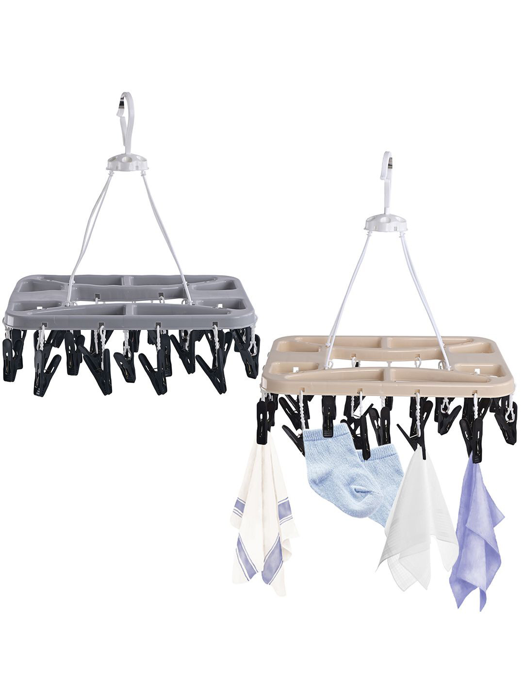 Kuber Industries Grey & Beige 2 Pieces 360 Rotating Cloth Drying Hangers With 28 Clips