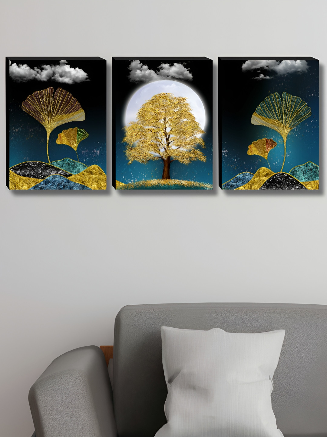Myntra Elegant Homes Tree & Moon 3 Piece Wall Rectangle Paintings Wall Art - 27 x 12 In