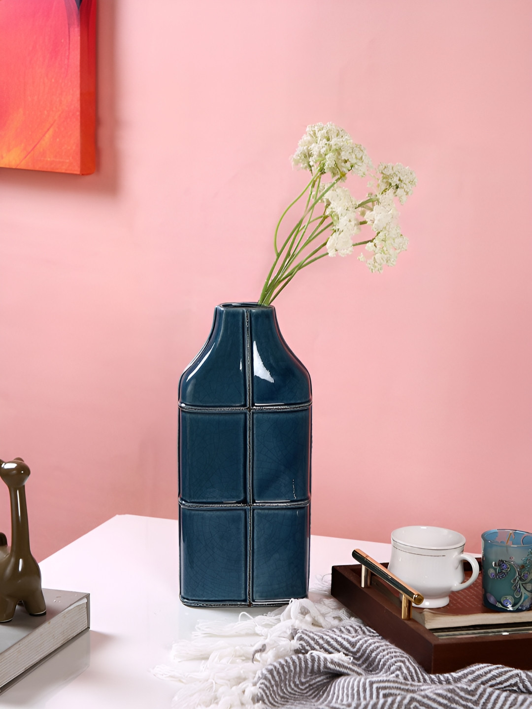 Myntra Elegant Homes Navy Blue Textured Grid Ceramic Vase