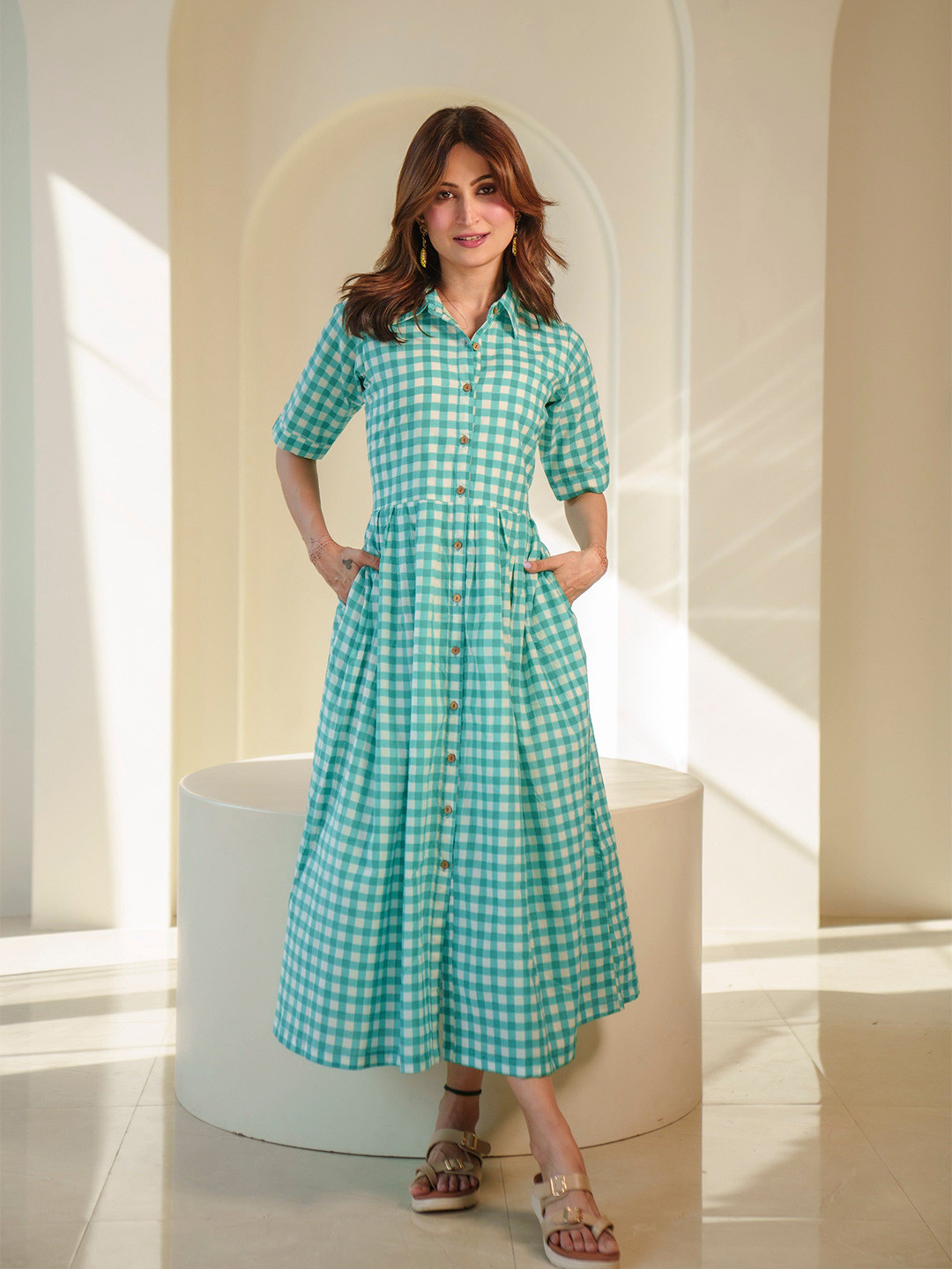 DIMPLE DESIGN STUDIO Women Blue Check Pure Cotton Shirt Dress