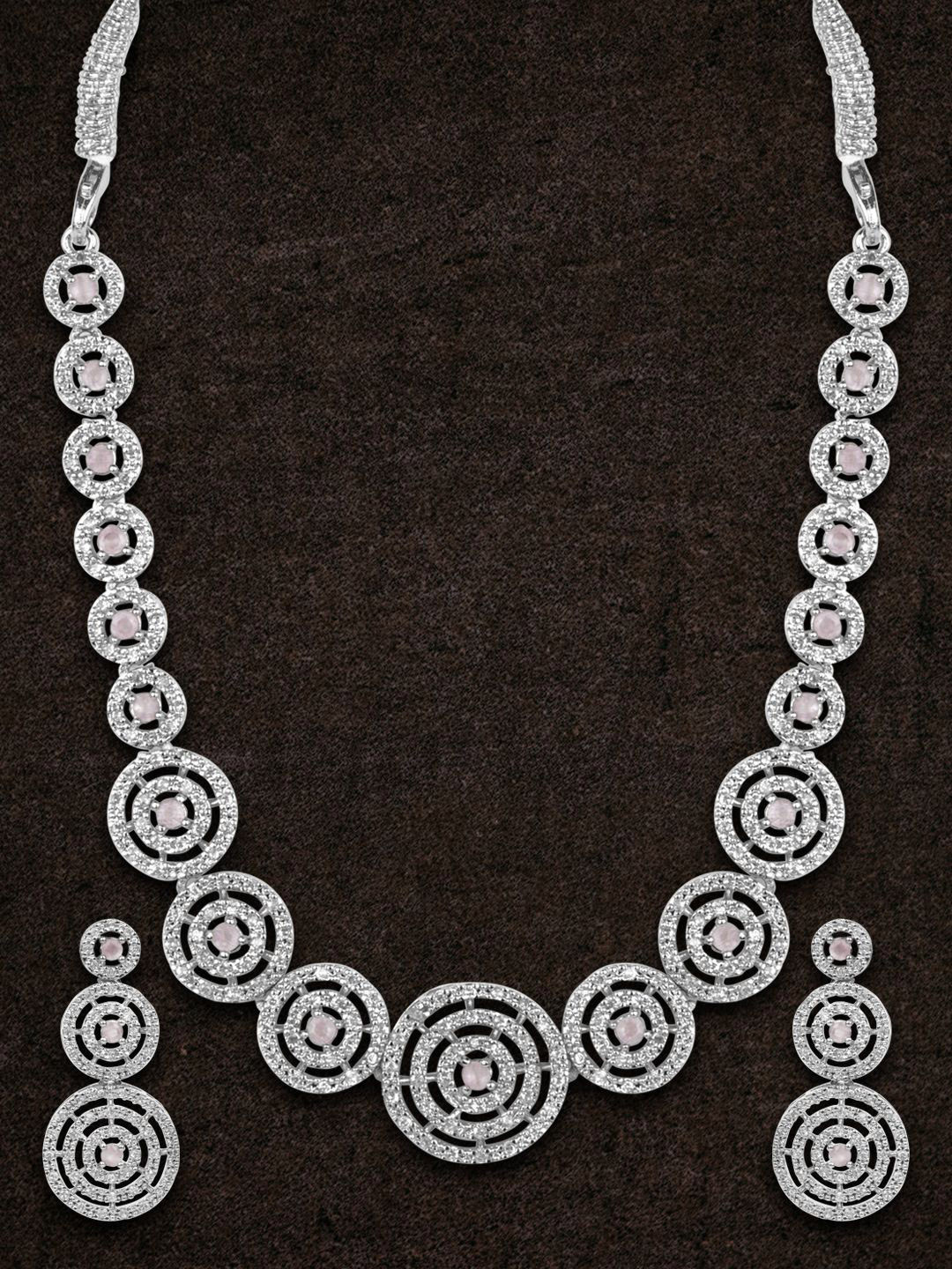 M GOLD Silver Plated Cubic Zirconia Stones Studded Necklace And Earrings