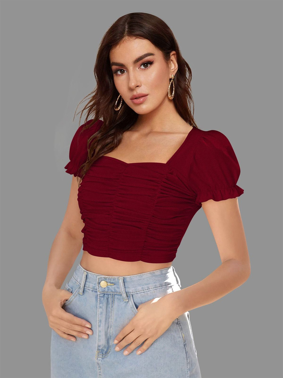 DHUNKI Women Puff Sleeve Ruched Bardot Crop Top