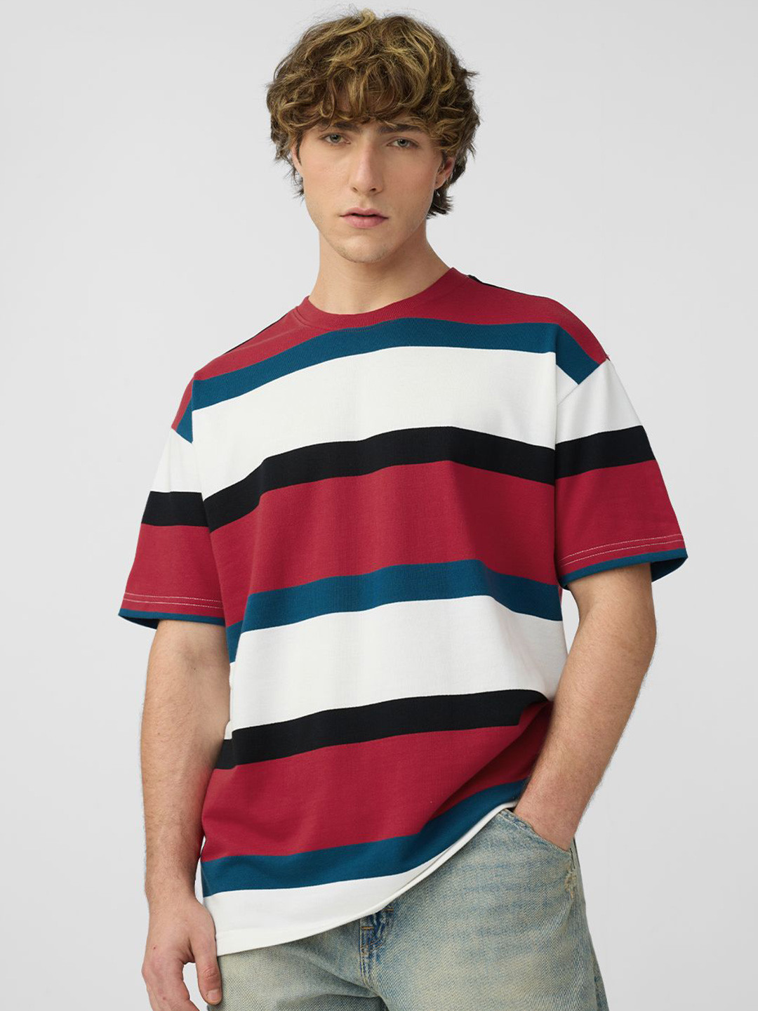 The Souled Store Men Striped Round Neck Cotton Oversized T-shirt
