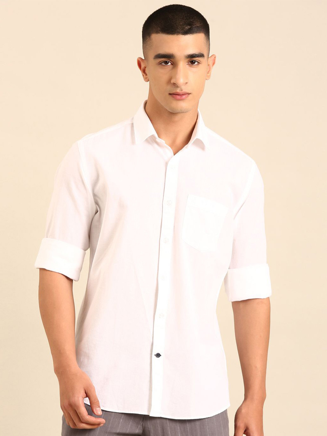 CAVALLO by Linen Club Men Spread Collar Solid Linen Contemporary Slim Fit Casual Shirts