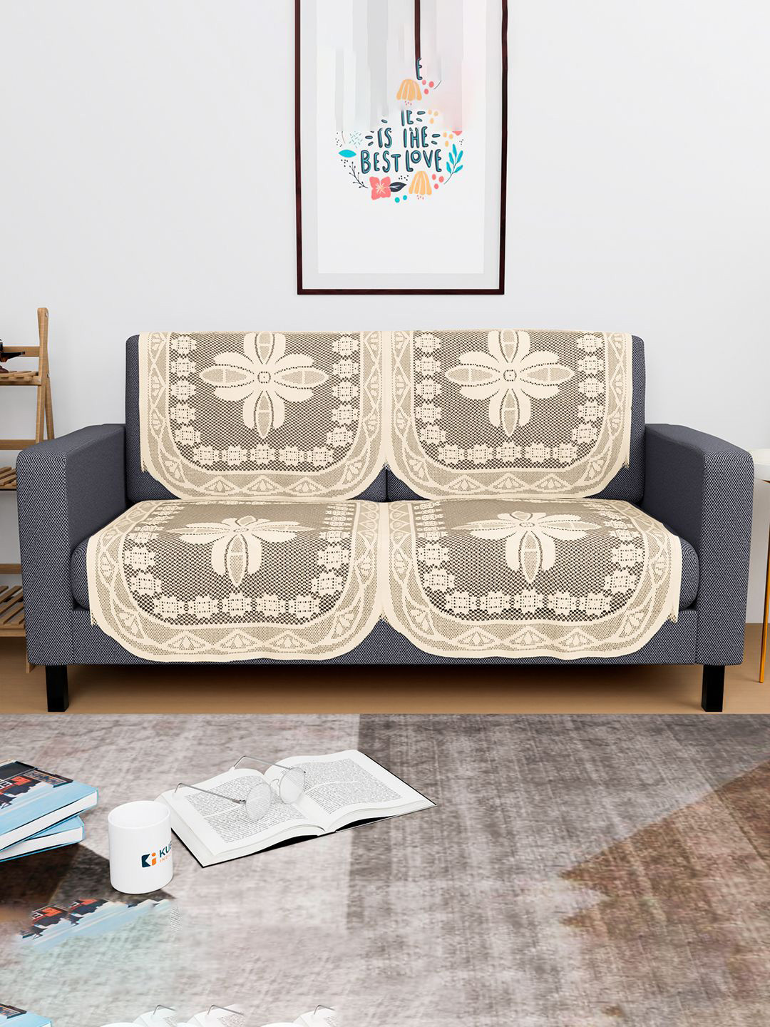 Kuber Industries Cream-Coloured 4 Pieces Croshia Design Cotton 2 Seater Sofa Covers