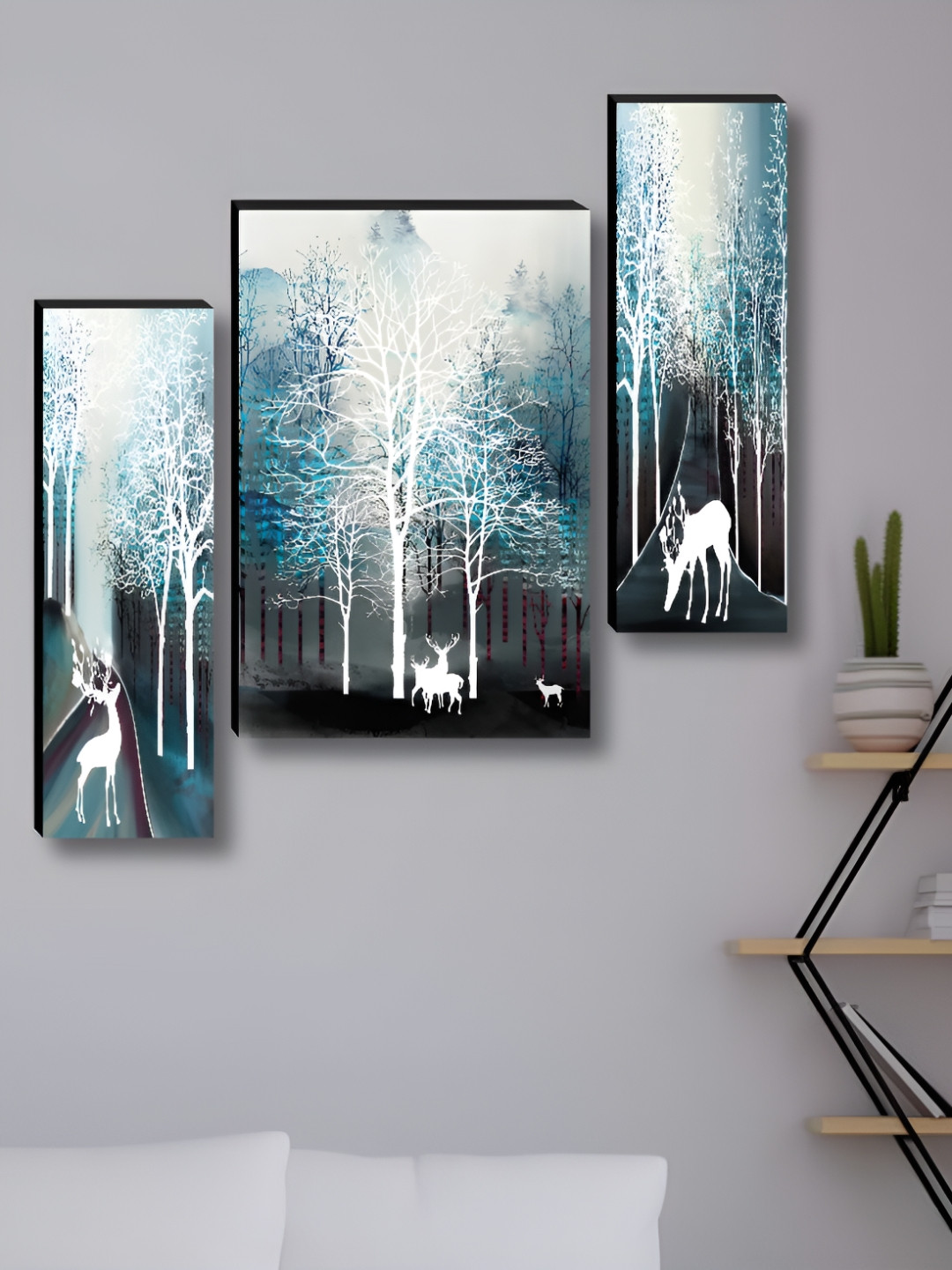 Myntra Elegant Homes Deer & Trees Synthetic Wood 3Piece Wall Rectangle Paintings Wall Art