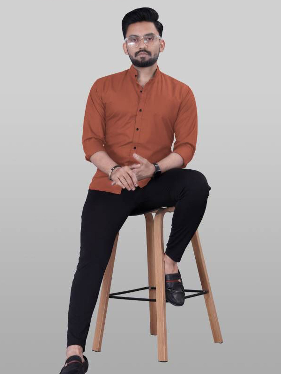 UNIBLISS Men India Slim Band Collar Solid Cotton Slim Fit Casual Shirts