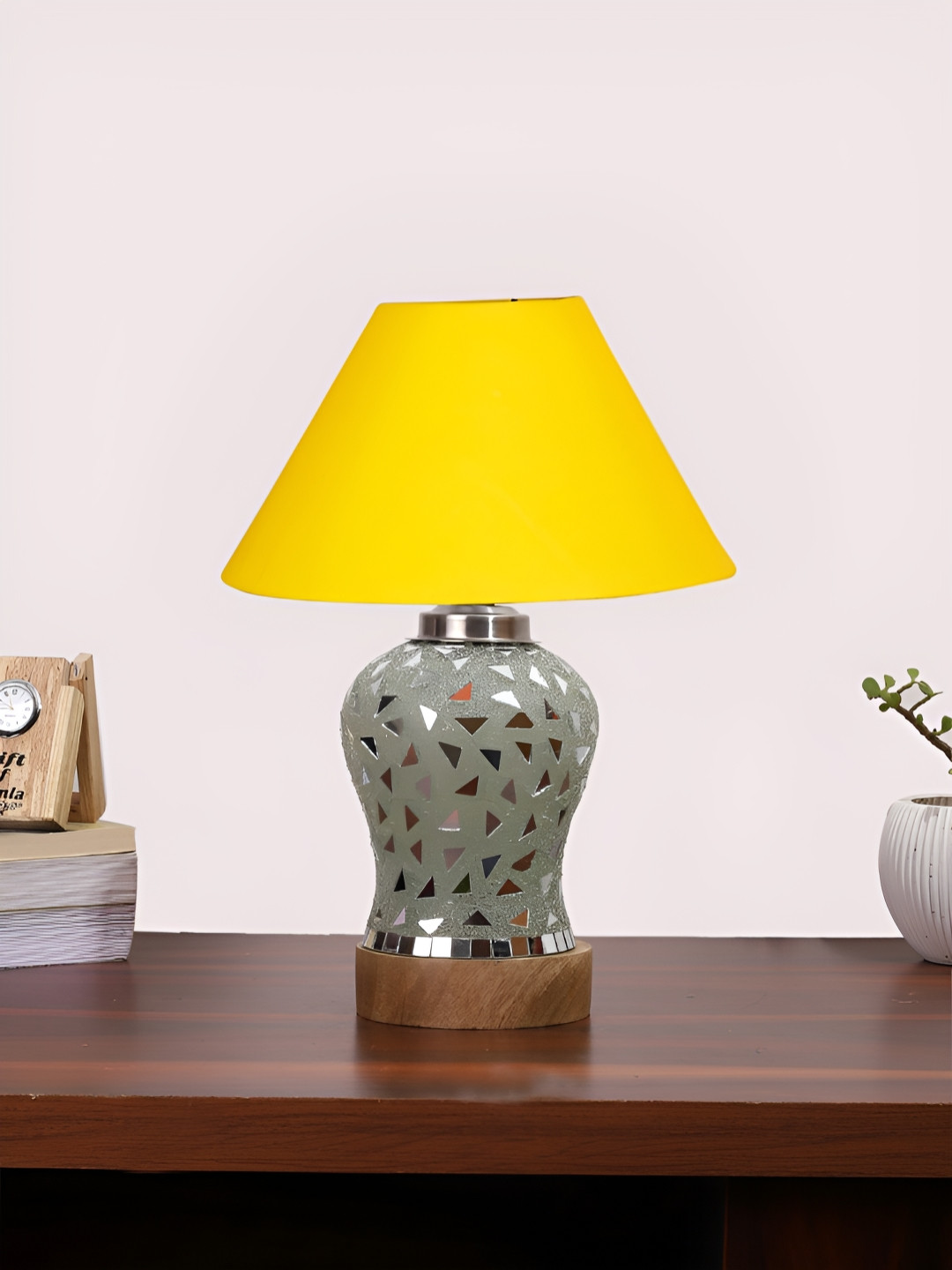 Devansh Yellow Textured Frustum Shape Wooden Table Lamp & Mosaic Glass