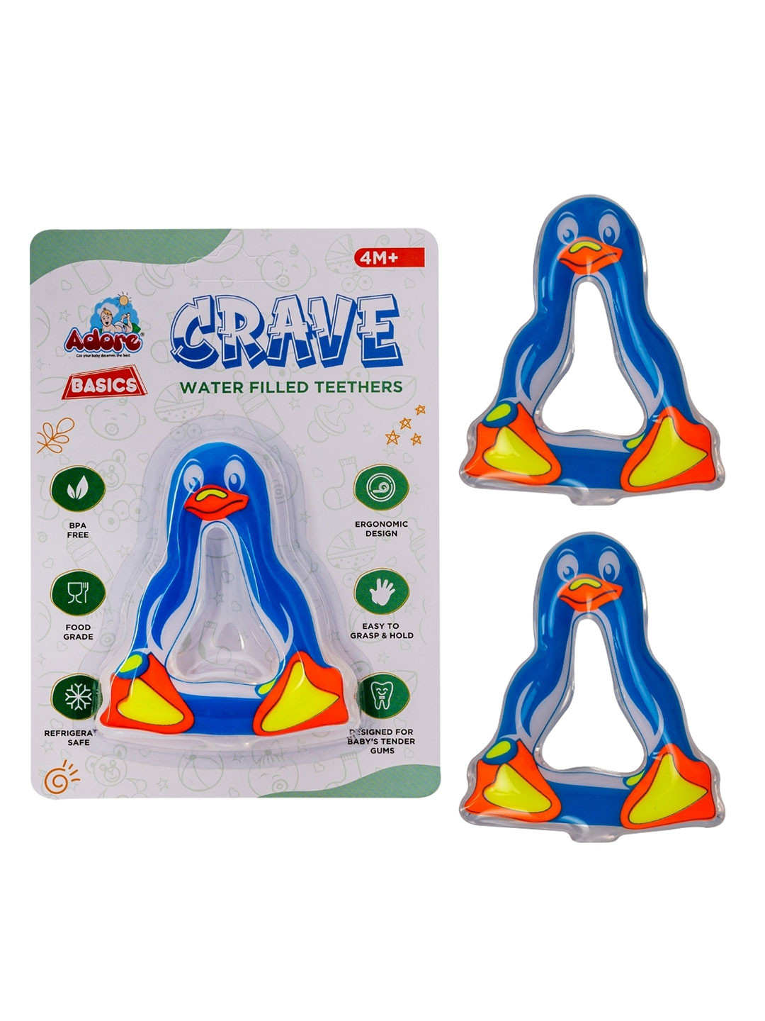 Adore Kids Pack of 2 Blue & Yellow Penguin Shape Crave Water Filled Teethers