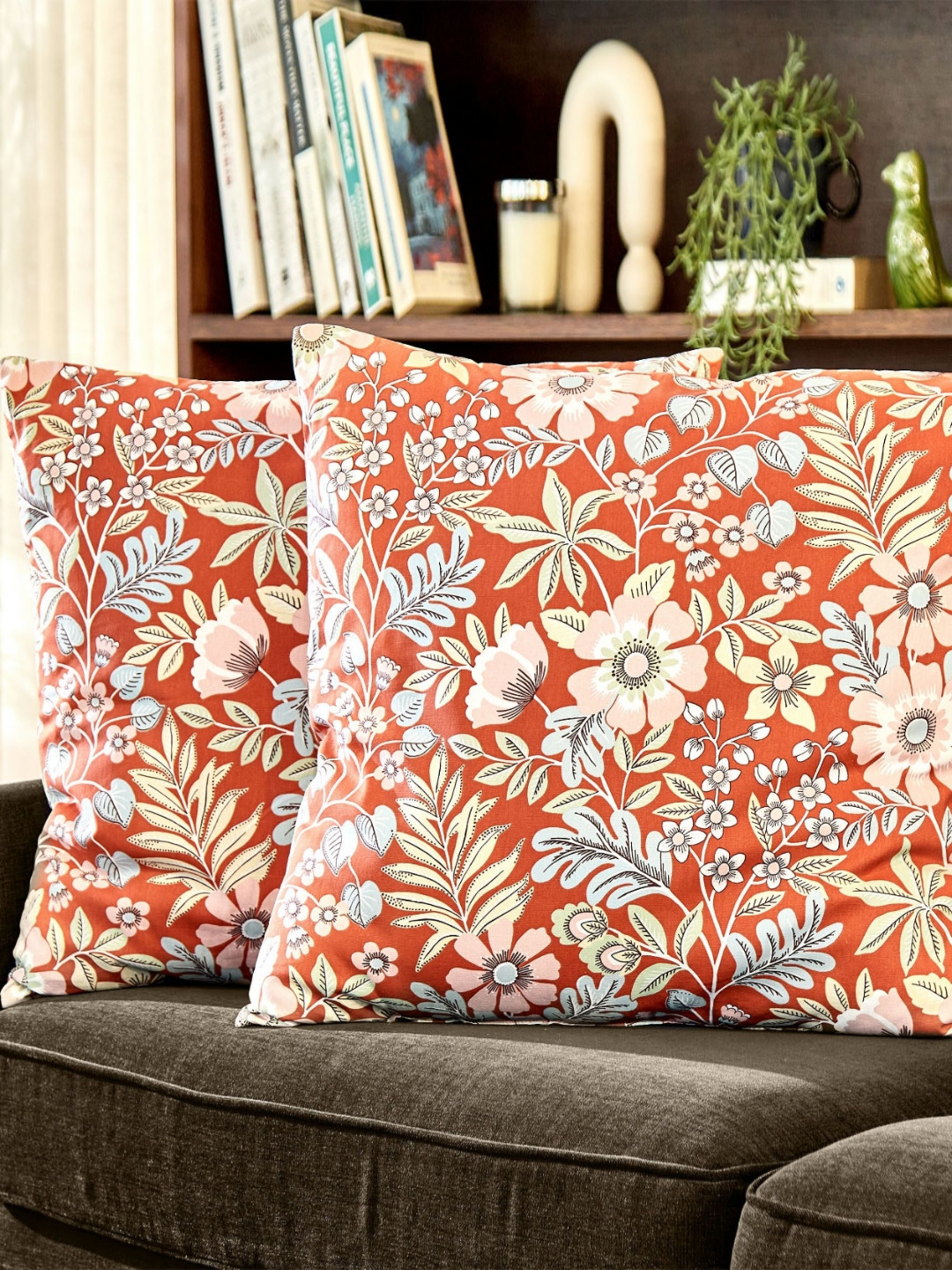 Home Centre Ebony Grace Emmeline Rust & Blue 2 Pieces Cotton Printed Filled Cushion