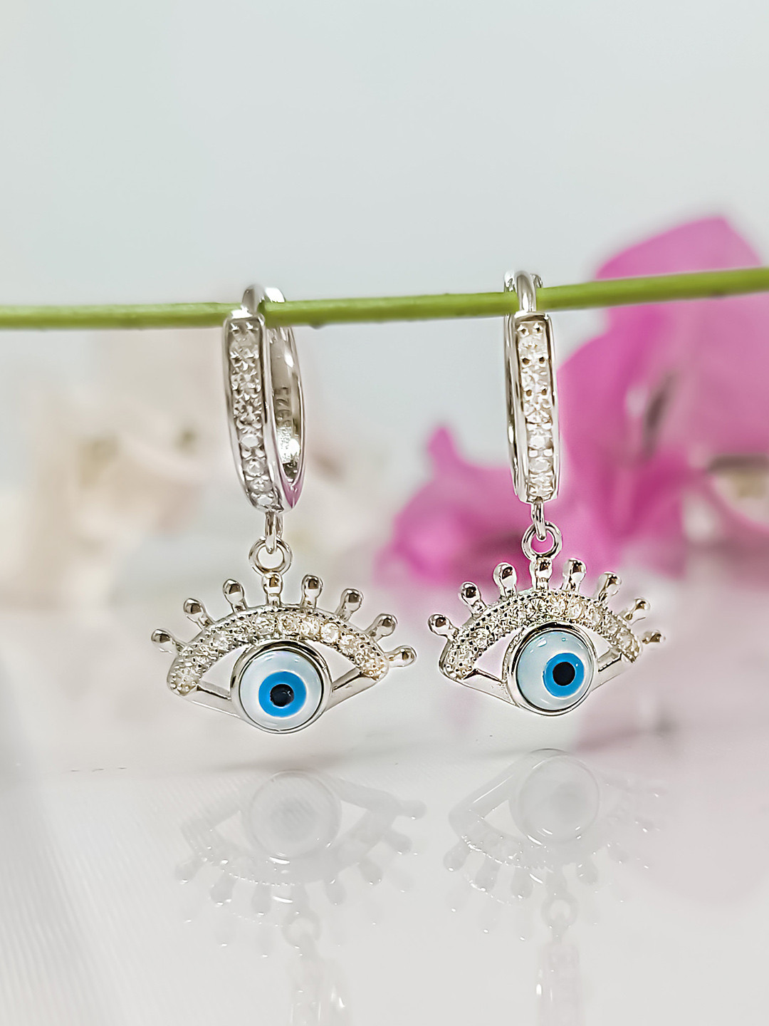 925 Sterling Silver Rhodium-Plated CZ-Studded Evil Eye Lashes Hoop Earrings