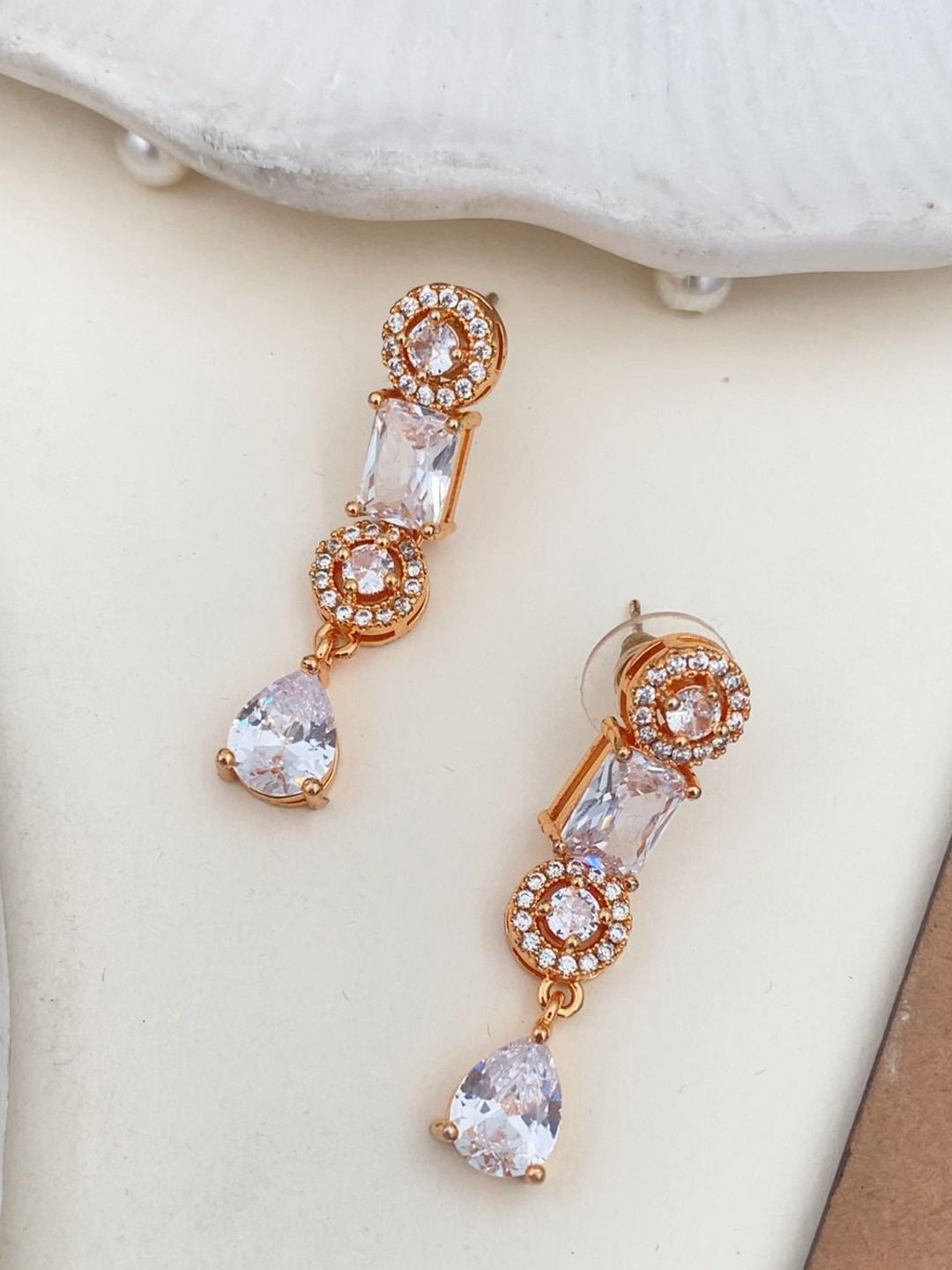 Rare Bello Rose Gold-Plated American Diamond Studded Floral Shaped Drop Earrings