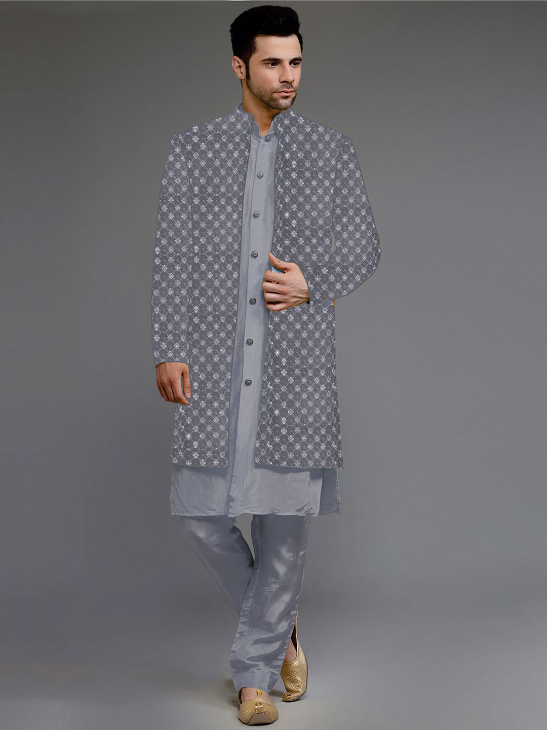 Utsav Fashion Embroidered Uppada Silk Sherwani & Pant With Faux Georgette Jacket Set
