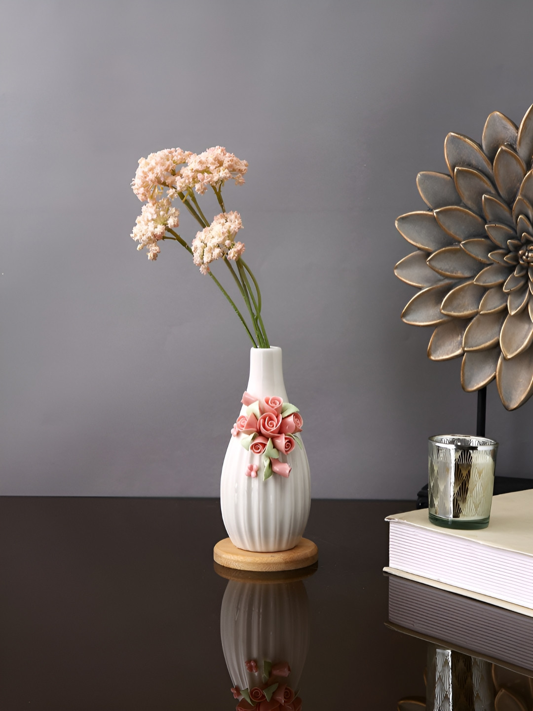 Myntra Elegant Homes White & Pink Floral Textured Bottle shaped Ceramic Vase