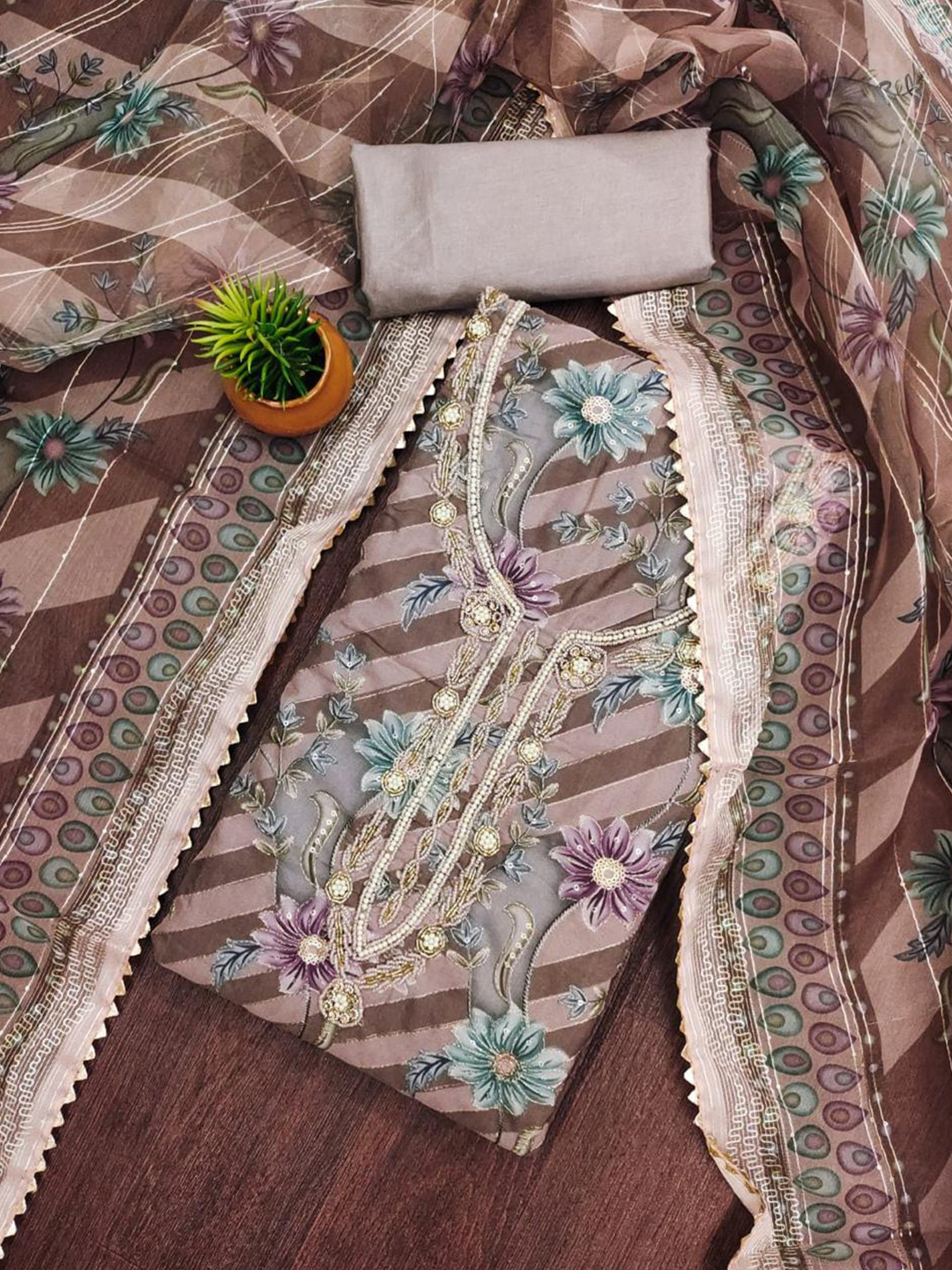 KALINI Floral Embellished Beads and Stnes Organza Unstitched Dress Material