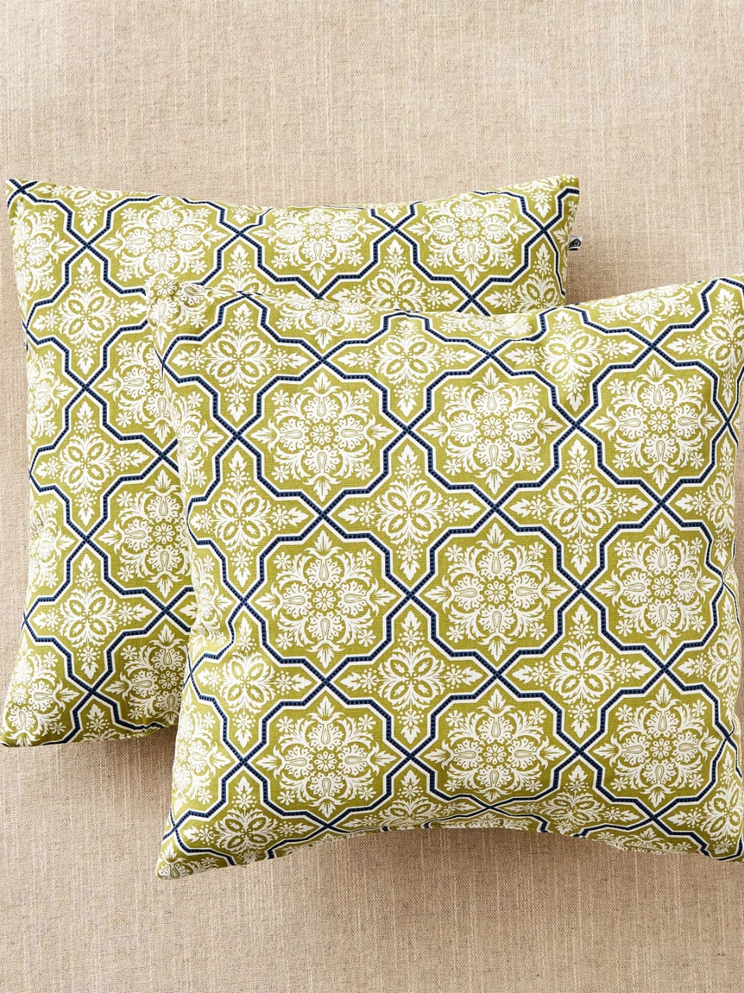 Home Centre Ebony Grace Dunbar Green & White 2 Pieces Cotton Printed Filled Cushions