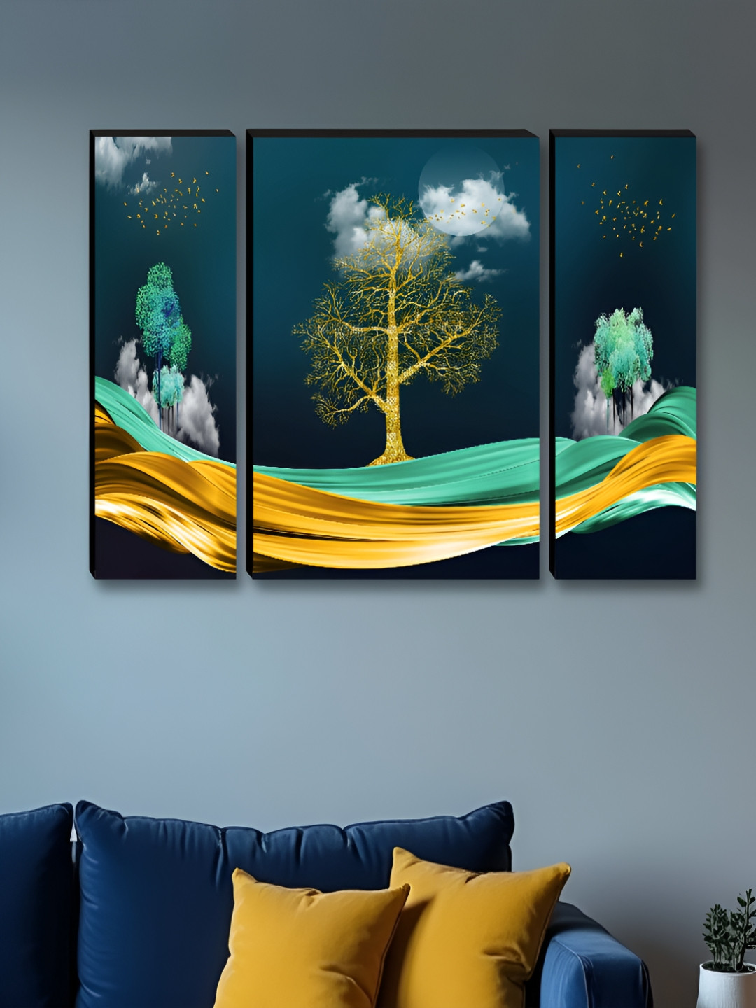 Myntra Elegant Homes Green & Gold-Toned 3 Pieces Floral & Botanical Night Vision Wall Art