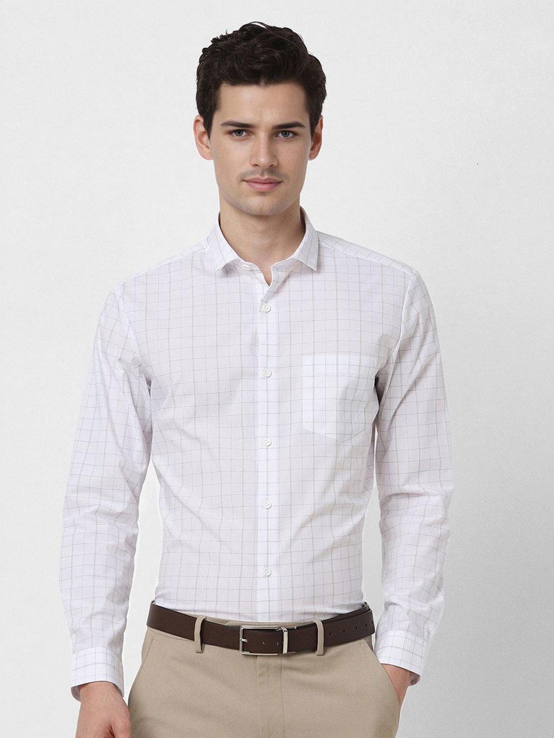 Peter England Men Spread Collar Grid Tattersall Checked Cotton Slim Fit Casual Shirts