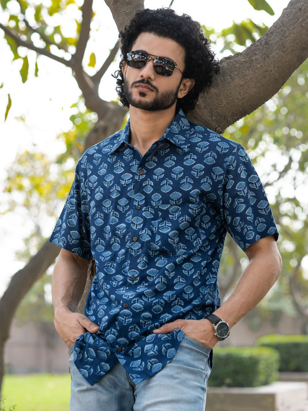 The India Craft House Slim Fit Floral Printed Spread Collar Cotton Shirt