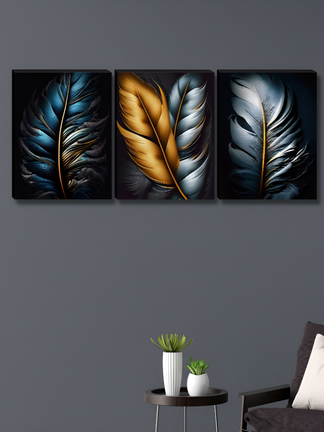 Myntra Elegant Homes Black & Blue 3 Pieces Wing Printed Wall Art